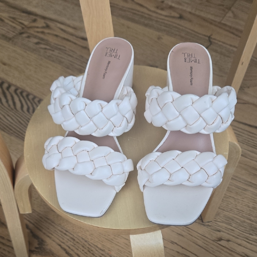 Time and Tru White Braided Double-Strap Slide Mules